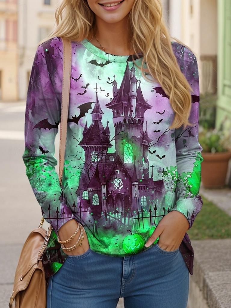 Women's All-match Halloween Shirt 3D Printed Little Ghost Pumpkin Combination Print Round Neck Long Sleeve Polyester Fabric Top