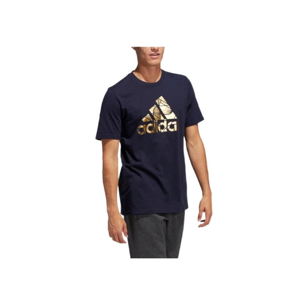 Adidas Gold Logo Printed Round Neck Sports Short Sleeve T-Shirt Men T-Shirt Dark-Blue HE4790