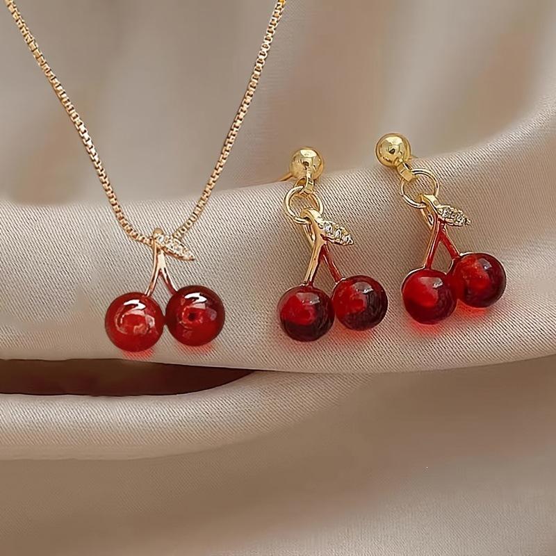 High-End Creative Cherry Earring and Necklace Set