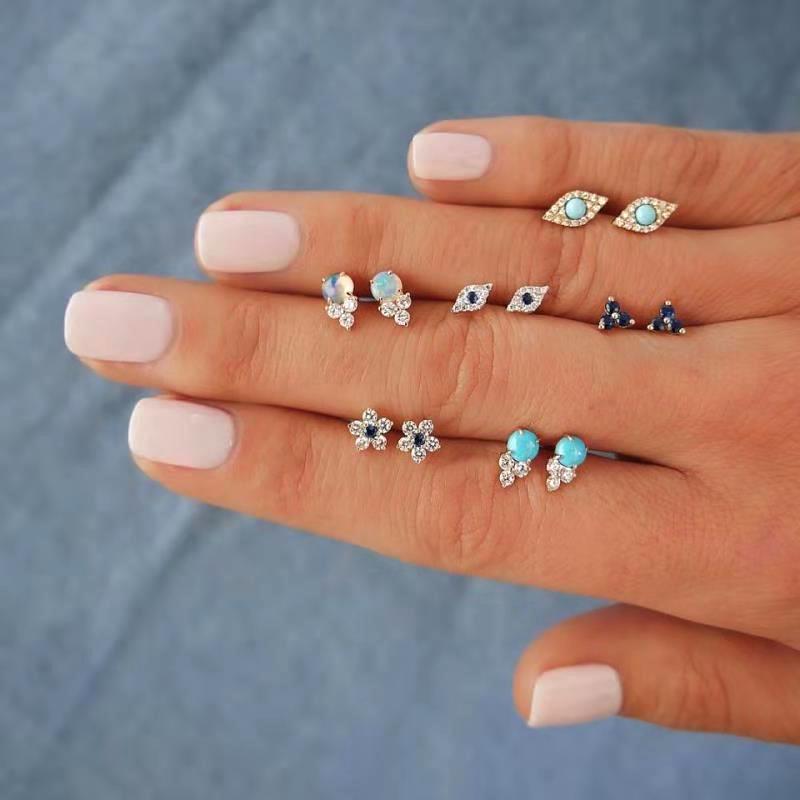 Stylish And Simple Diamond-Set Flower Devil'S Eye Stud Earrings Women'S 6-Piece Set