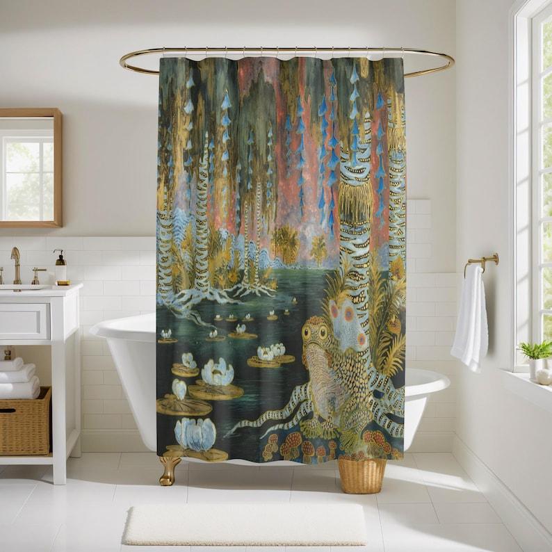 Mystic Bloom Frog Shower Curtain - Enchanted Swamp Fantasy Folk Art, Mythical Creature Bathroom Decor