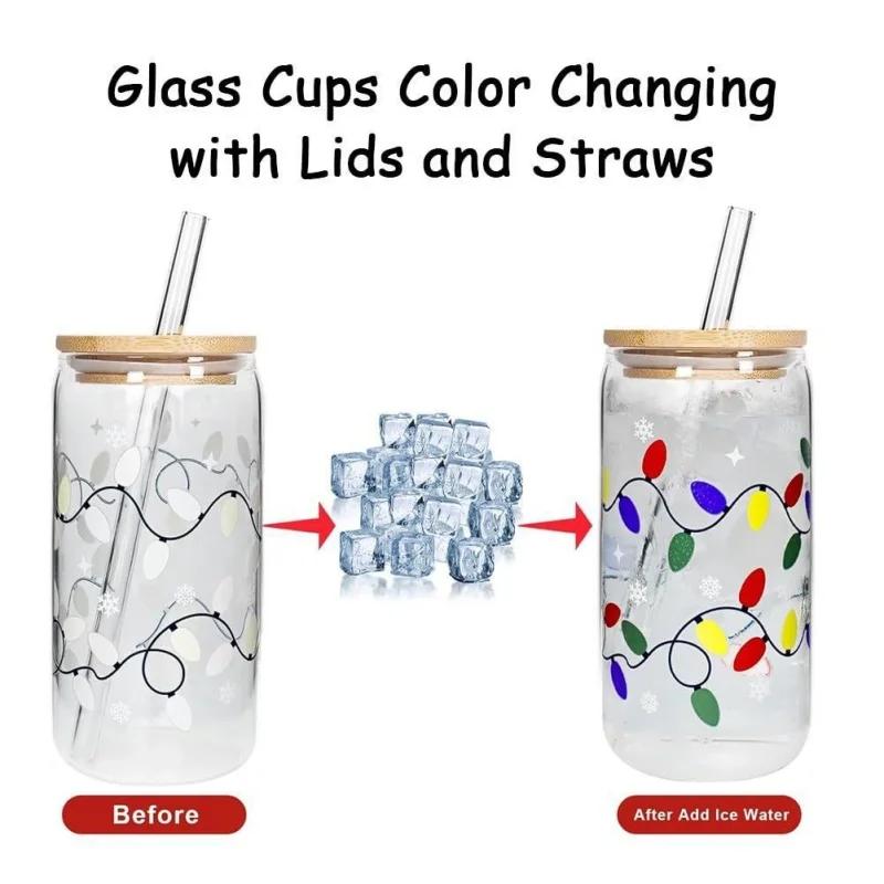 Color Changing Glass Cup 380-600ml Bamboo Leak Proof Cover And Straw Change Color When Exposed To Cold Christmas Party Gift