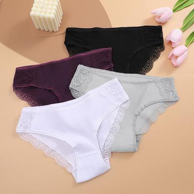 Bragas de encaje de algodón para mujer, calzoncillos de cintura baja, lencería íntima transpirable, ropa interior suave de Color sólido