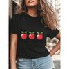Black T-Shirt for Women Featuring A Cheerful Cartoon Apple Print, Round Neckline, Short Sleeves Tee