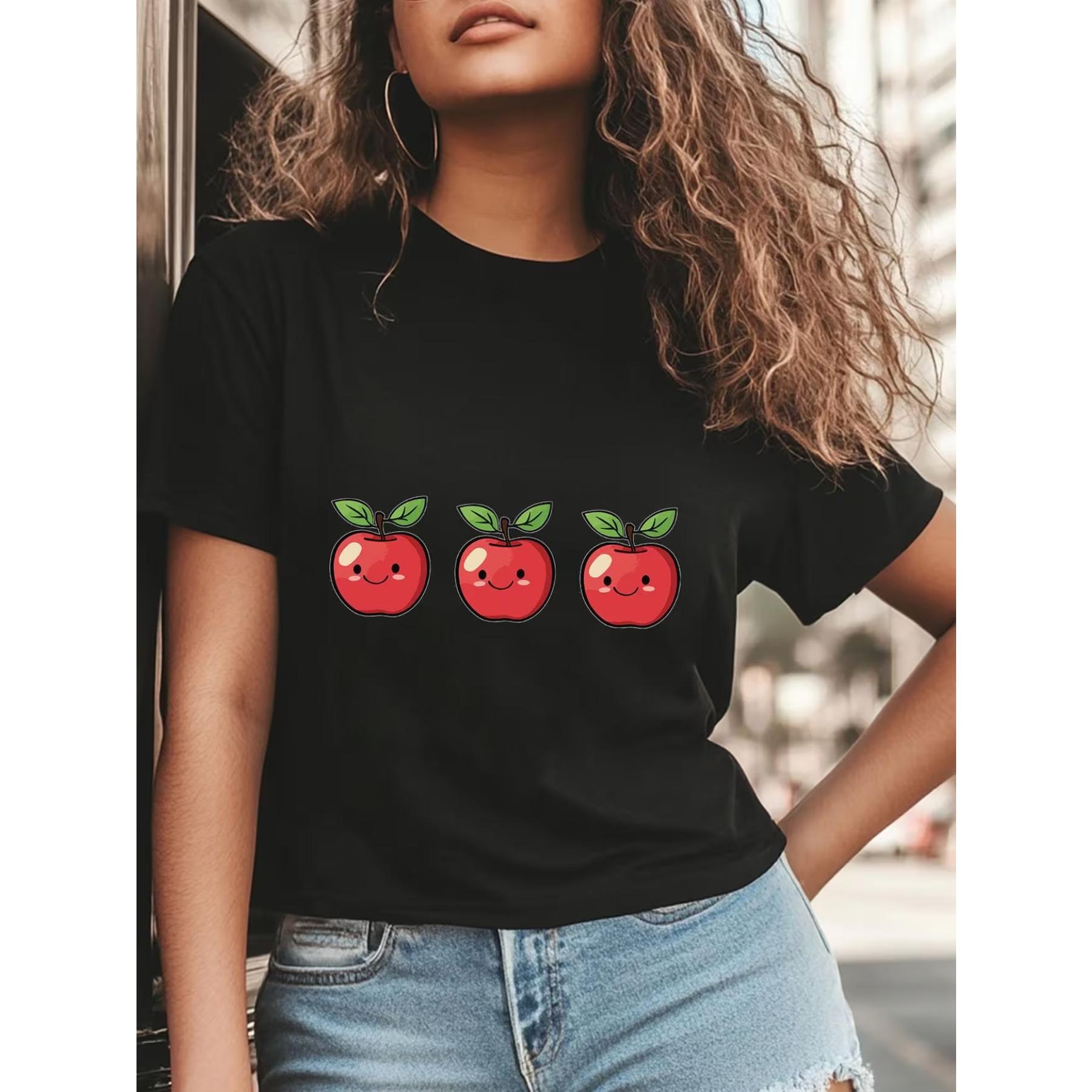 

Black T-Shirt for Women Featuring A Cheerful Cartoon Apple Print, Round Neckline, Short Sleeves Tee XXL