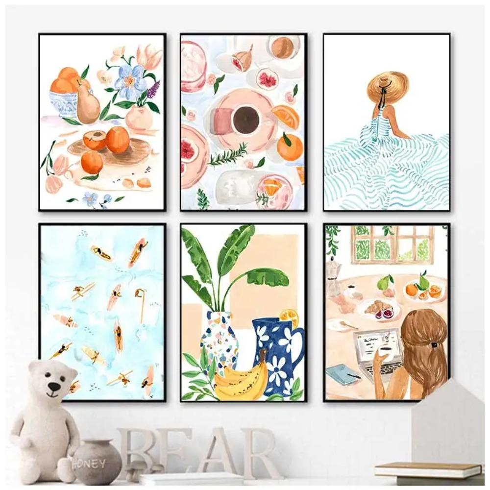 Abstract Wall Art Pool Party Fruit Plate Ladies Free Time Nordic Posters and Prints Oil Painting Living Room Decoration Pictures