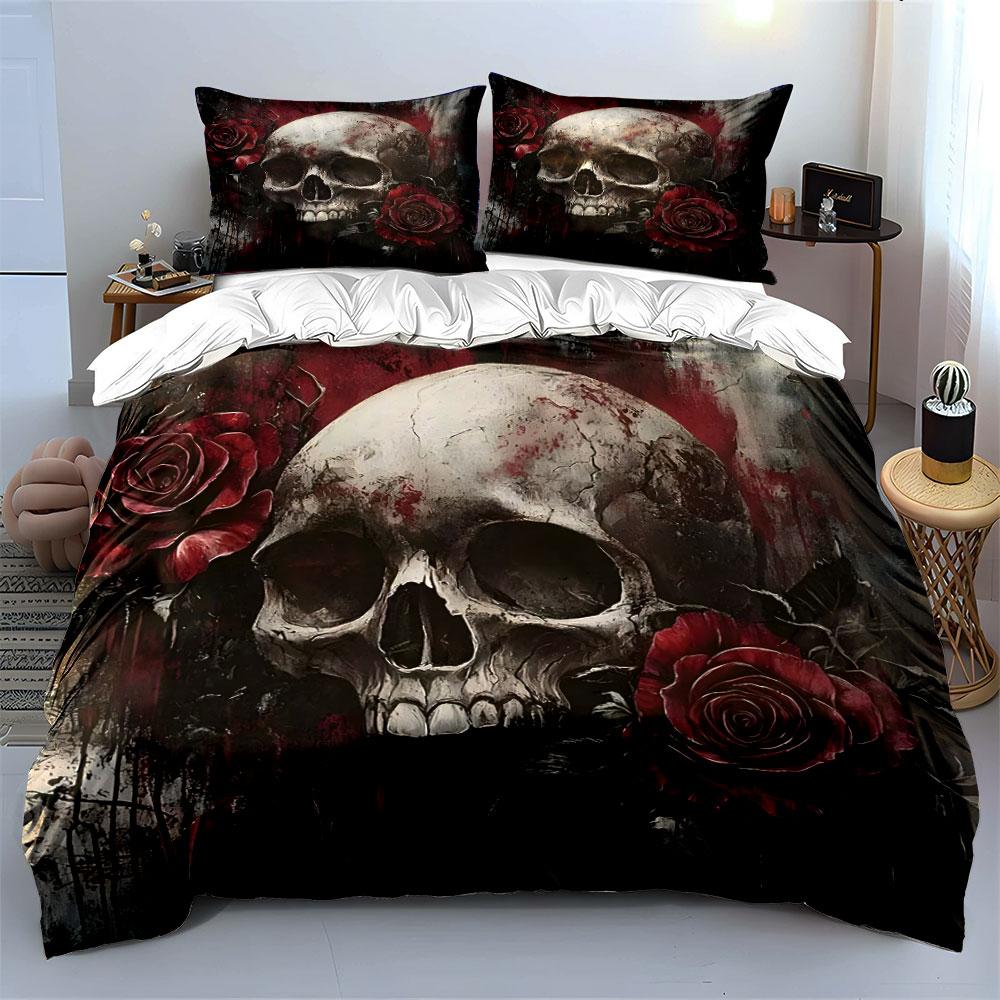 Skull with Red Roses Design Bedding Duvet Cover Set (1*Duvet Cover 2*Pillowcases, without duvet insert)
