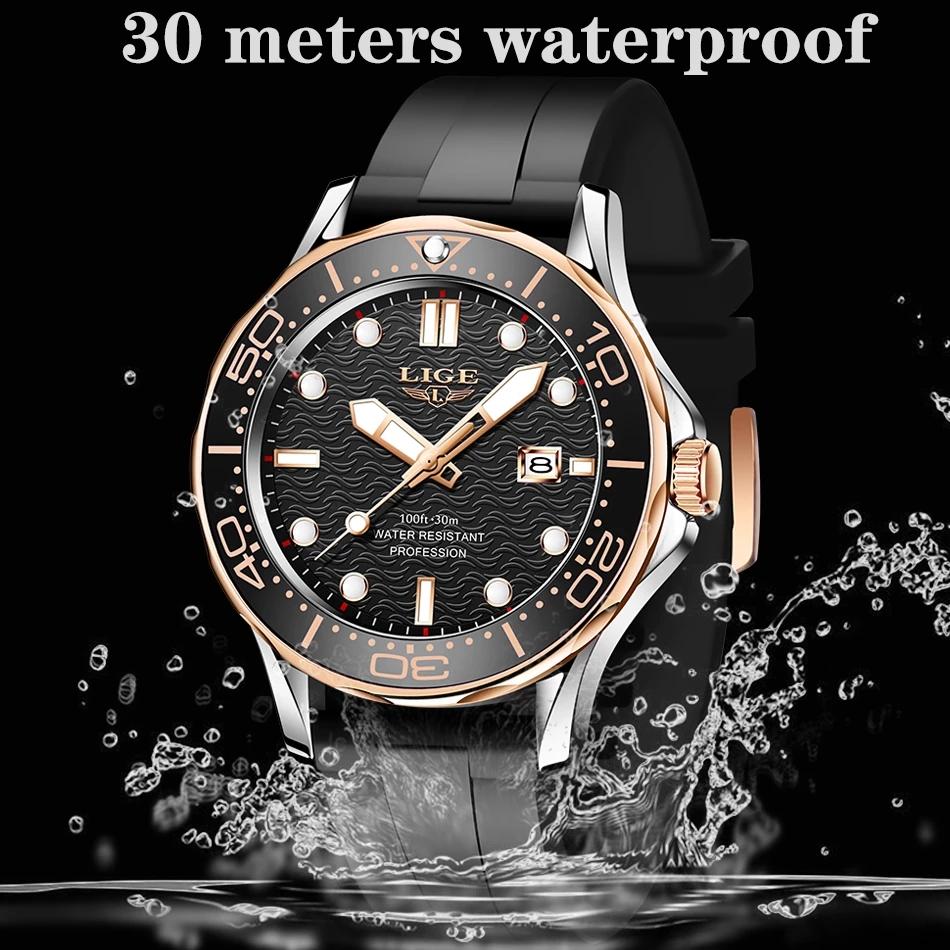 LIGE Brand Mens Watches Business Quartz Watch Men Silicone Band Sports Waterproof Watches Date Wristwatches Relogios Masculino