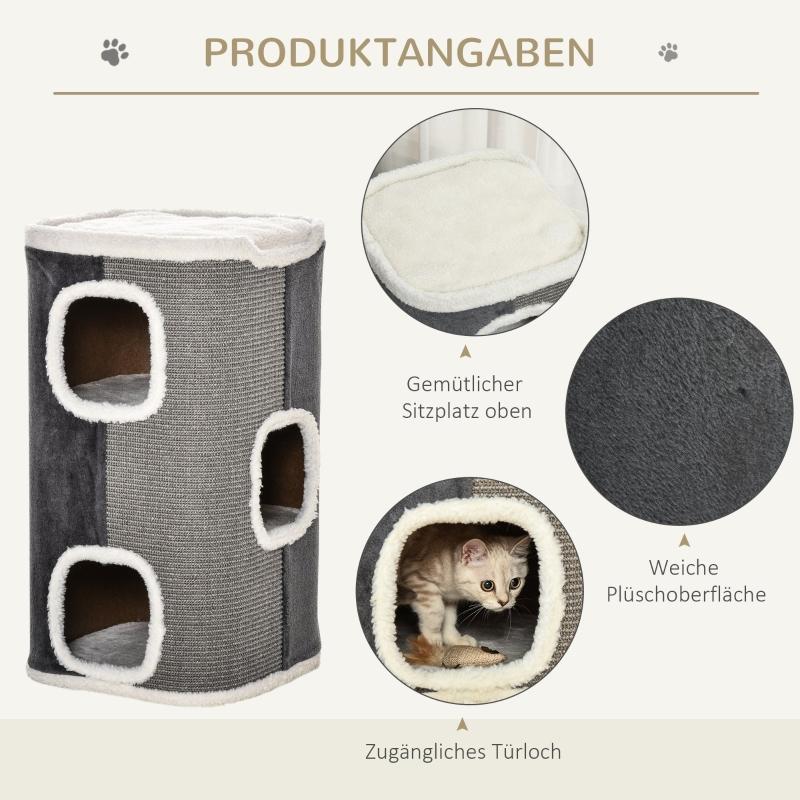 Cat tree scratching barrel with 3 levels, chipboard, velvety polyester, sisal, grey+white, 40x40x74cm