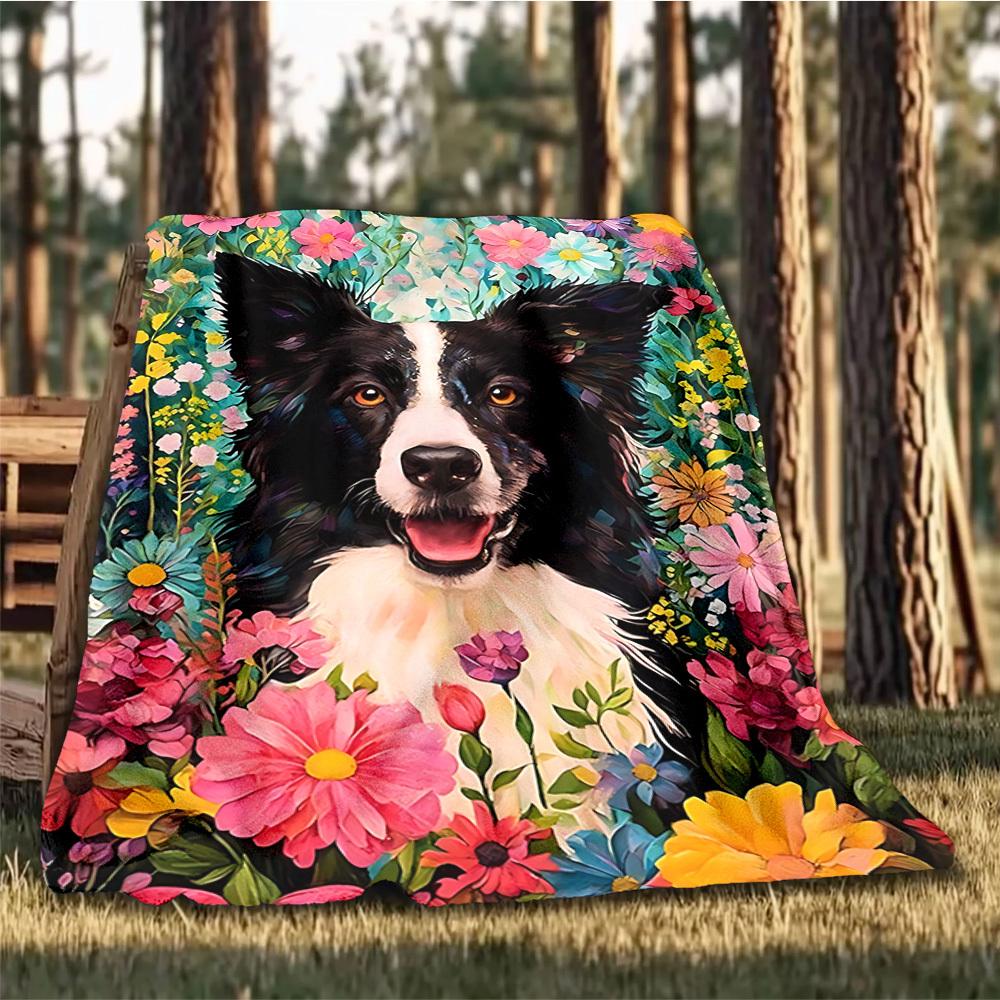 1pc Floral Border Collie Print Outdoor Soft Polyester Flannel Throw Blanket Versatile for All Seasons , Soft , Cozy , Warm All Season Quilted Throw ,