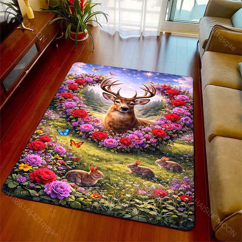 1 Stück Teppich mit Druck von Hirsch und Kaninchen in einem Blumenkranz für Wohnzimmer, Schlafzimmer, Sofa, Fußmatte, Heimdekoration, rutschfeste Bodenmatte