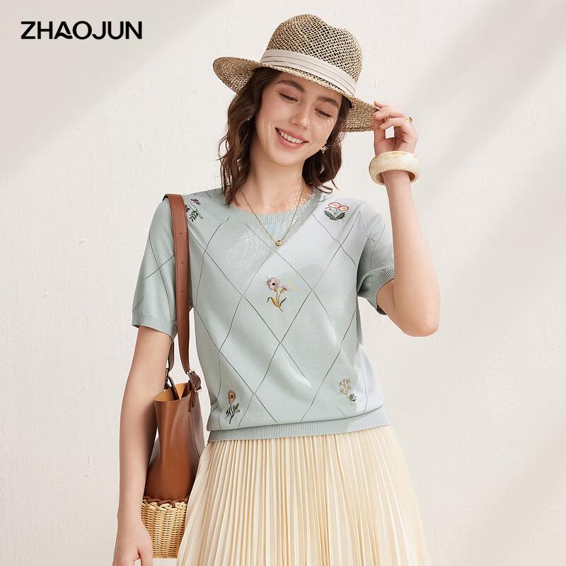 Zhaojun Women s Mulberry Silk Embroidered Argyle Knit Short Sleeve Top XL