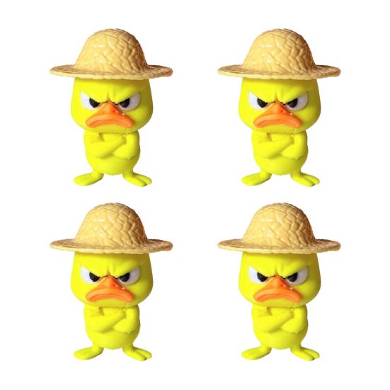 Angry Little Yellow Duck Figurine 4Pcs 3D Printed Figurines, Mini Grumpy with Straw Hat, Compact Ornament for Monitor Stand Cute Cross-Arms