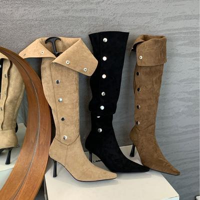 Botas de salto alto dobráveis e empilháveis de moda versátil para outono e inverno de 2025, bico fino francês, acima do joelho