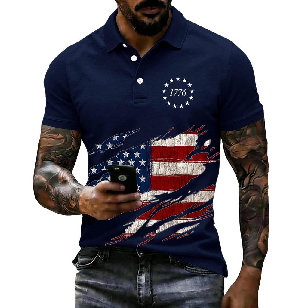Men's Loose Fit Casual Polo Shirt Short Sleeve Flag Print 1776 Graphic Design Button Collar Summer Top