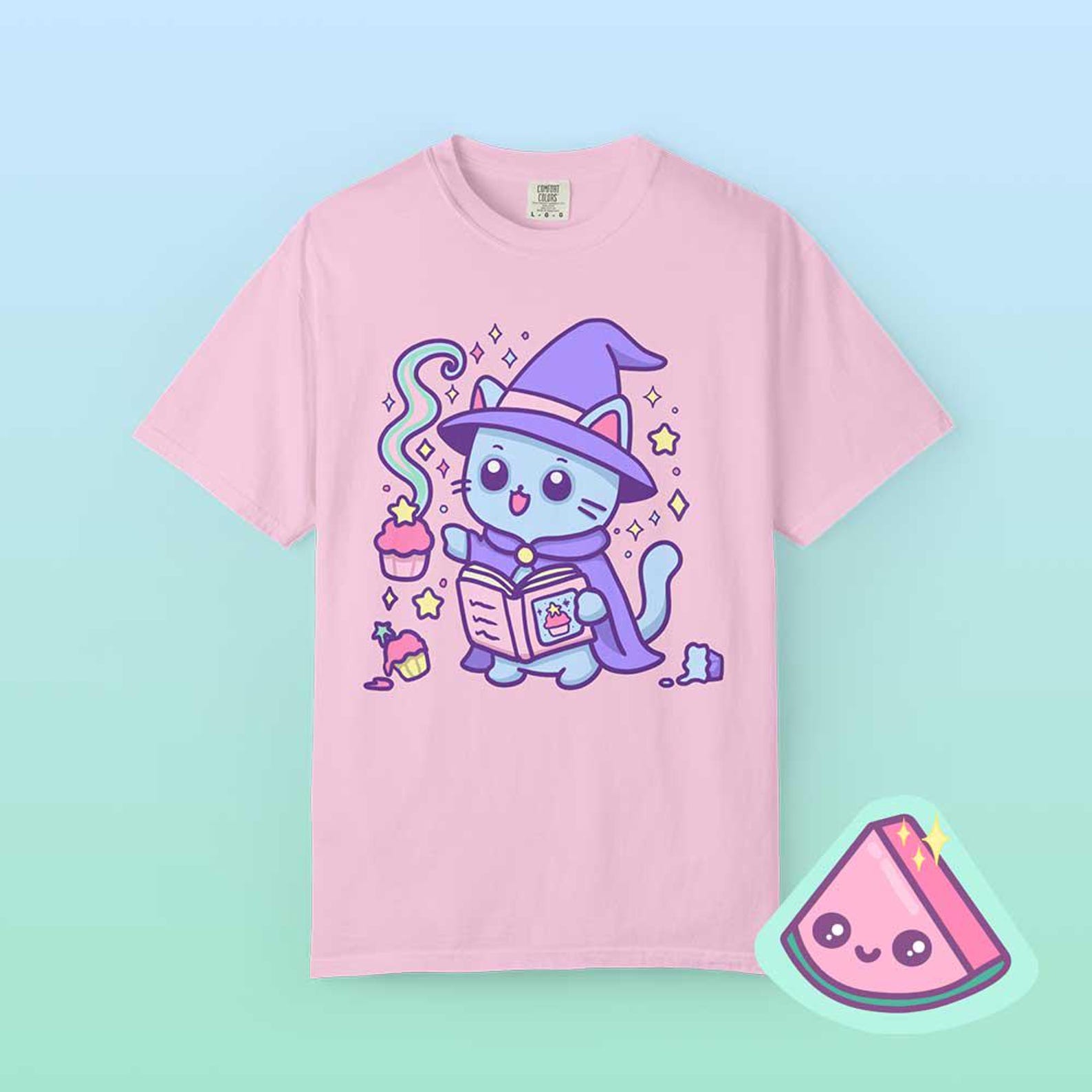 Pastel Witch Cat Shirt, Kawaii Wizard Cat Cupcake Tee, Comfort Colors Cute Anime Graphic, Magical Cat Lover Gift S
