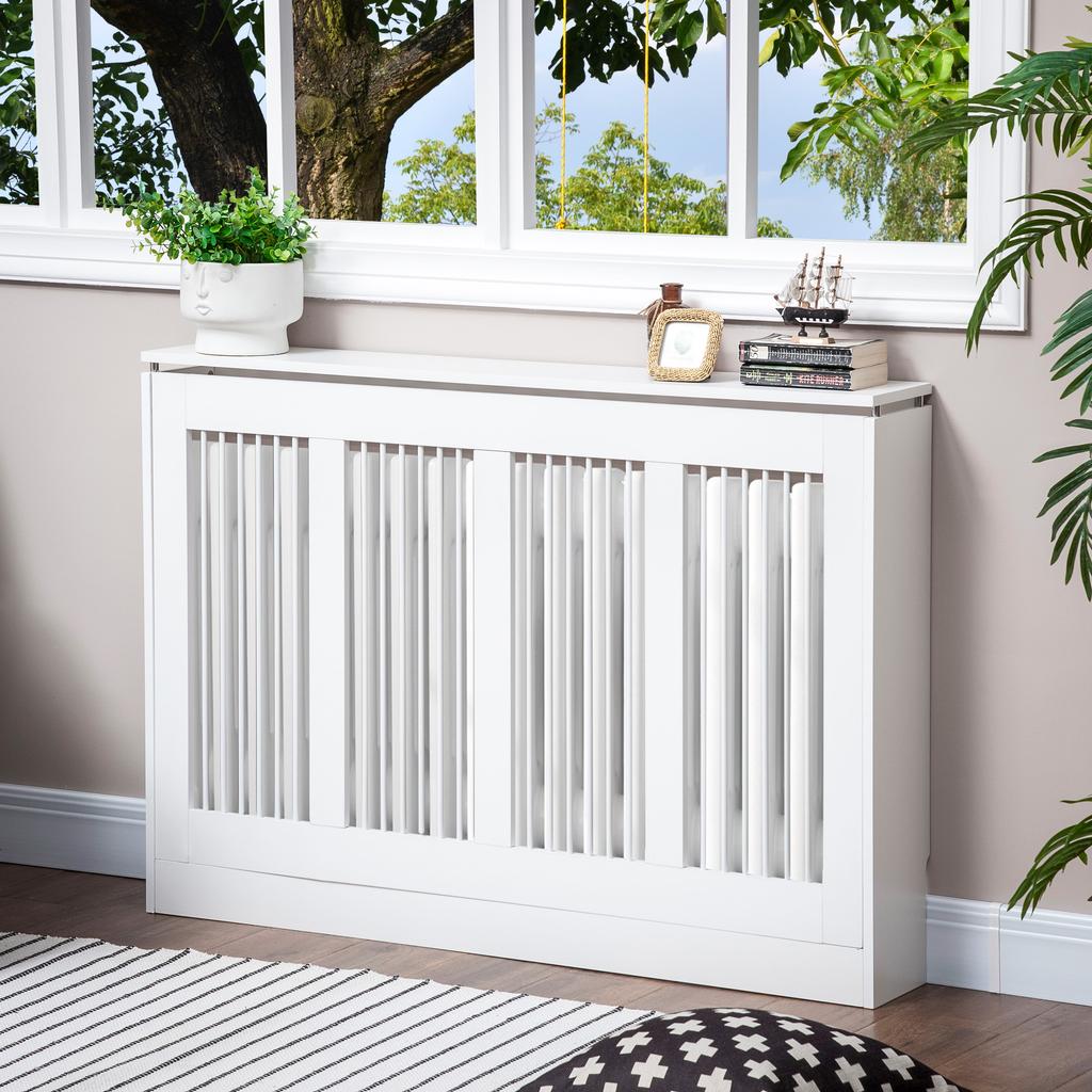 Modern and Elegant Slatted Radiator Cover for the Home, in MDF and Steel, 120x18x84cm, White