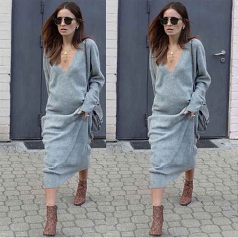Elegant Woman Fashion V-neck Long Sleeve Winter Sweater Dress For Stylish Looks