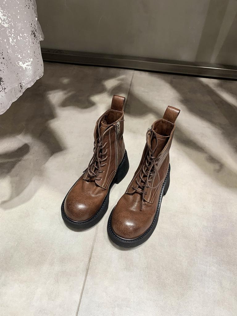 Cowhide Version~ Grape Mother Leather Shrink-grain Horse Leather Lace-up Thick Heel Thick-soled Martin Short Boots Women's British Style Short Bo