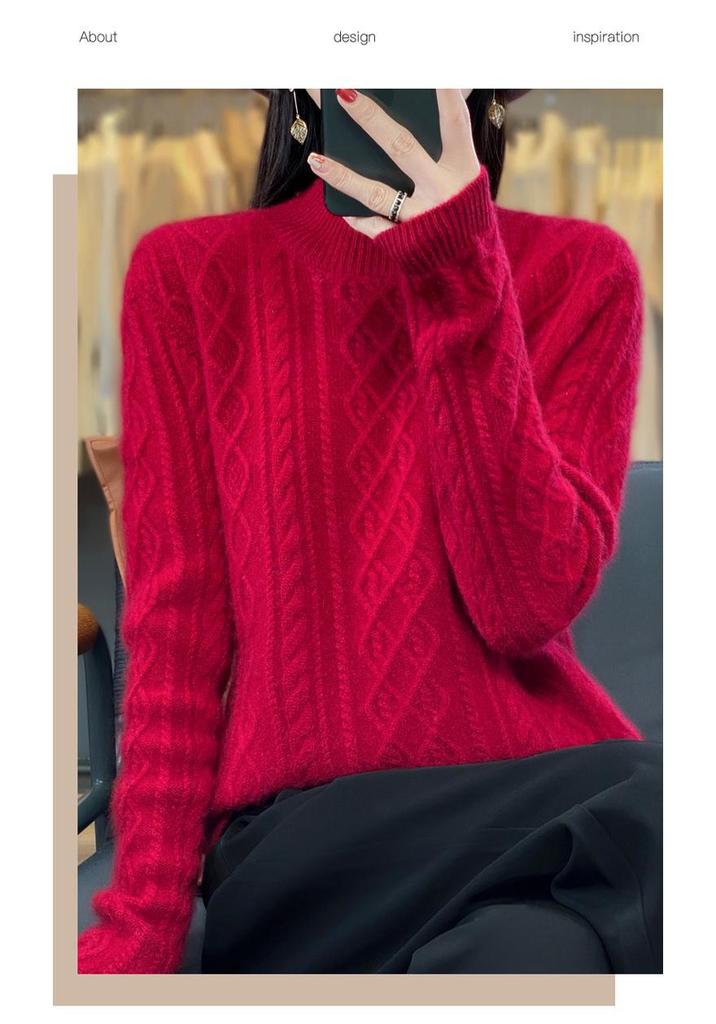 Women's Pure Wool Knitted Pullover Sweater for Autumn-Winter, Round Neck, New 23100