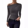 Women's Oblique Collar Short Sleeve Slim Fit Ruched Top Solid Color Casual Blouse