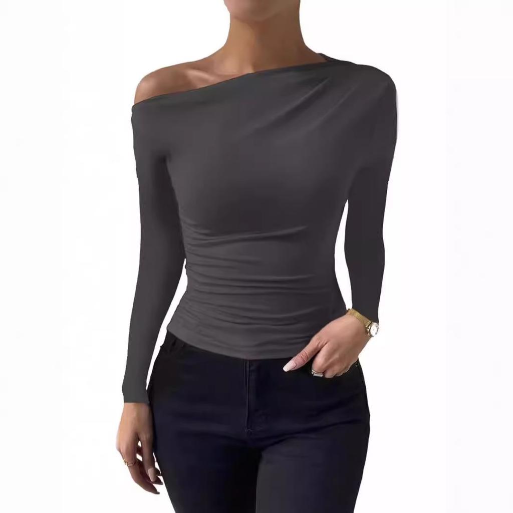 Women's Oblique Collar Short Sleeve Slim Fit Ruched Top Solid Color Casual Blouse