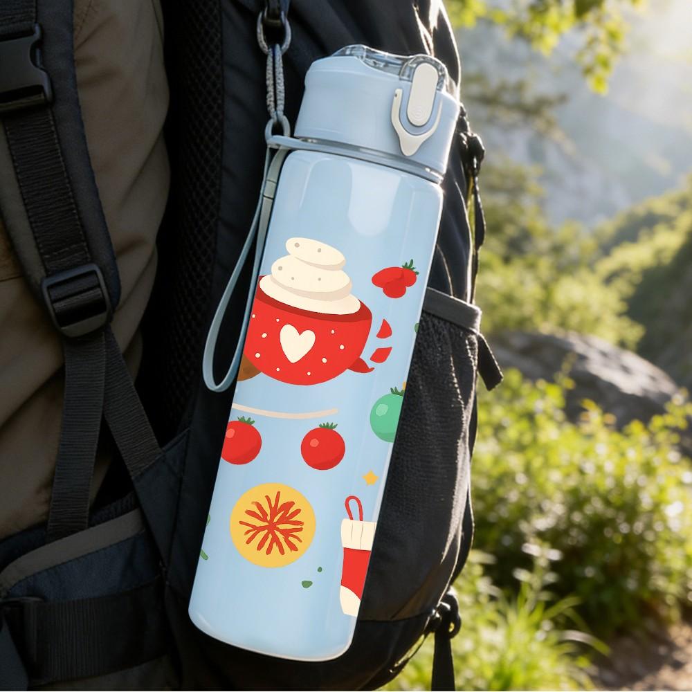 1PC Christmas Poinsettia Flower 750ml Color Plastic Sports Water Bottle Leakproof Flip Straw Lid Suitable for Sports Office Home Use