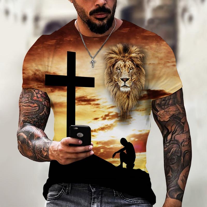 Jesus Pattern Lion 3D Printed Summer Men's O-Neck