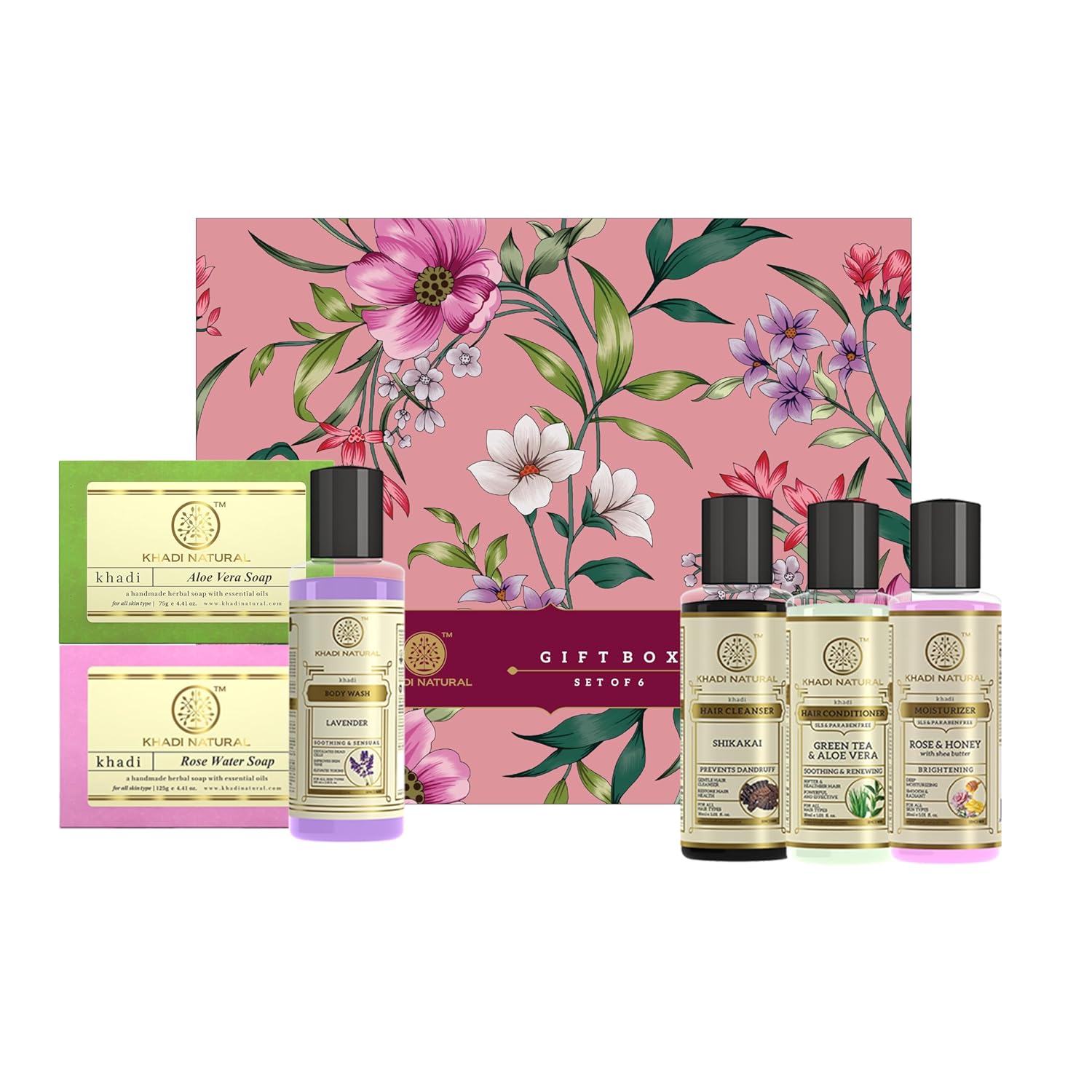 

Khadi Natural Gift Box Set of 1 6 pcs for Hair and Body Care with Soap, Cleanser, Conditioner, Body Wash & Moisturizer