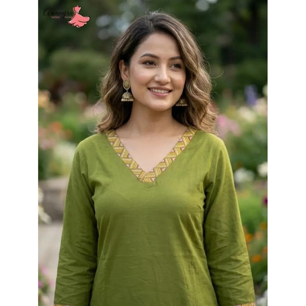 Reines Baumwoll-Stickerei-Kurta-Hosen-Set Indisches Bollywood-Designer-Tunika-Kurti-Set