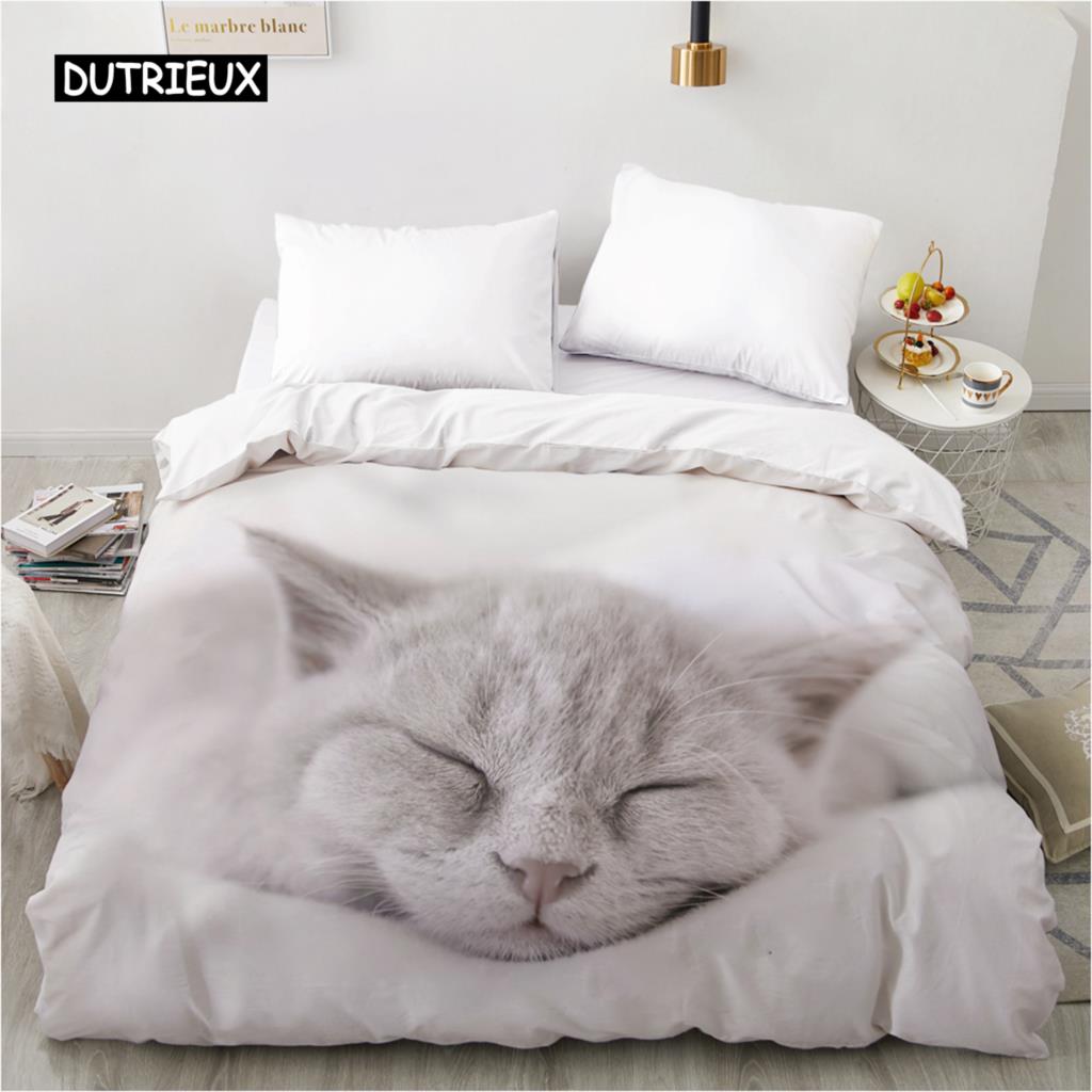 3D Cat White Duvet Cover Comfortable Case Luxury Pet Theme Cute Cat Animals Quilt Cover for Children Women Bedroom Decorations