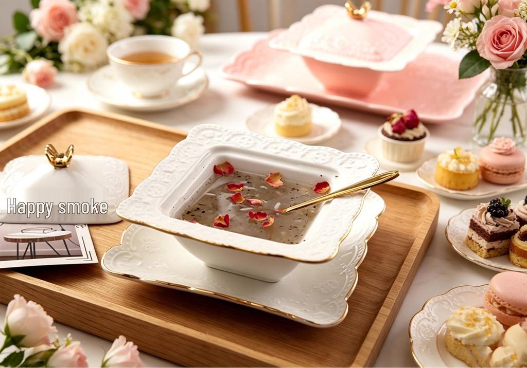 European Gold Rim Ceramic Bird's Nest Dessert Bowl with Lid | Embossed Palace Tureen Set for Sweet Soup