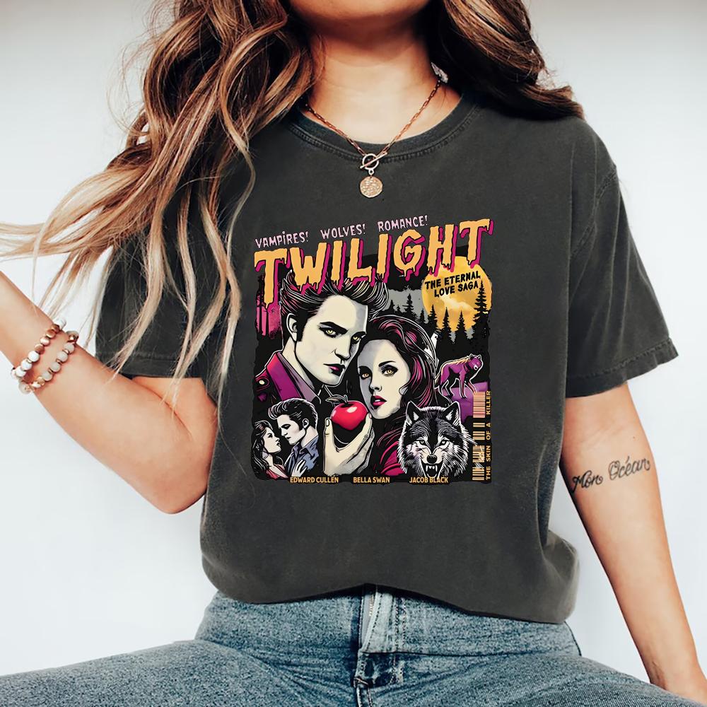 Vintage Koszulka Zmierzch Koszulka dla Fanów Zmierzchu Hołd Koszulki Retro Unisex Krótki Rękaw Koszulka z Wampirami Top Prezent dla Miłośnika Książek