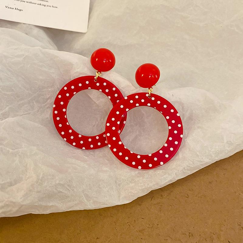 Red Round White Polka Dot Ring Dangle Earrings Hong Kong Style Exaggerated Vintage Young Advanced Ear Jewelry for Women K