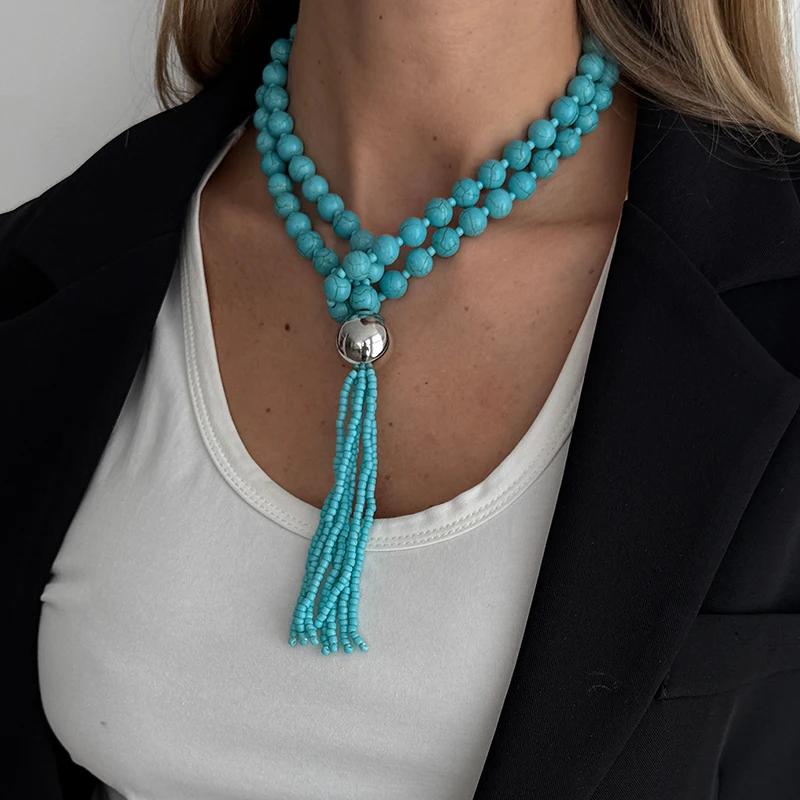 Bohemian Beaded Fringe Necklace Women Layered Luxury Elegant Long Round Bead Collarbone Chain Accessory Vacation Party Wear Gift