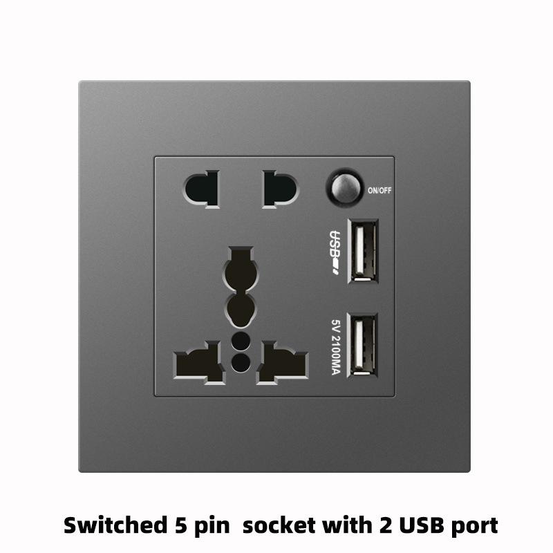 UK Grey 86 Panel 13A Household Wall Power Switch Socket, with USB, 220V Universal Socket, 18W Type-C Fast Charging Socket,