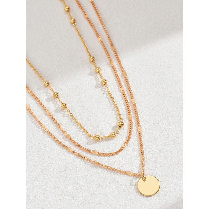 Triple Layer Gold Necklace Beaded Chain Hollow Disc Pendant Minimalist Stackable Necklace for Women