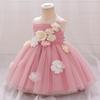 European & American Style One-Shoulder Baby Girl Wedding Dress with 3D Flowers, Ideal for First Birthday or Special Occasion Performance.