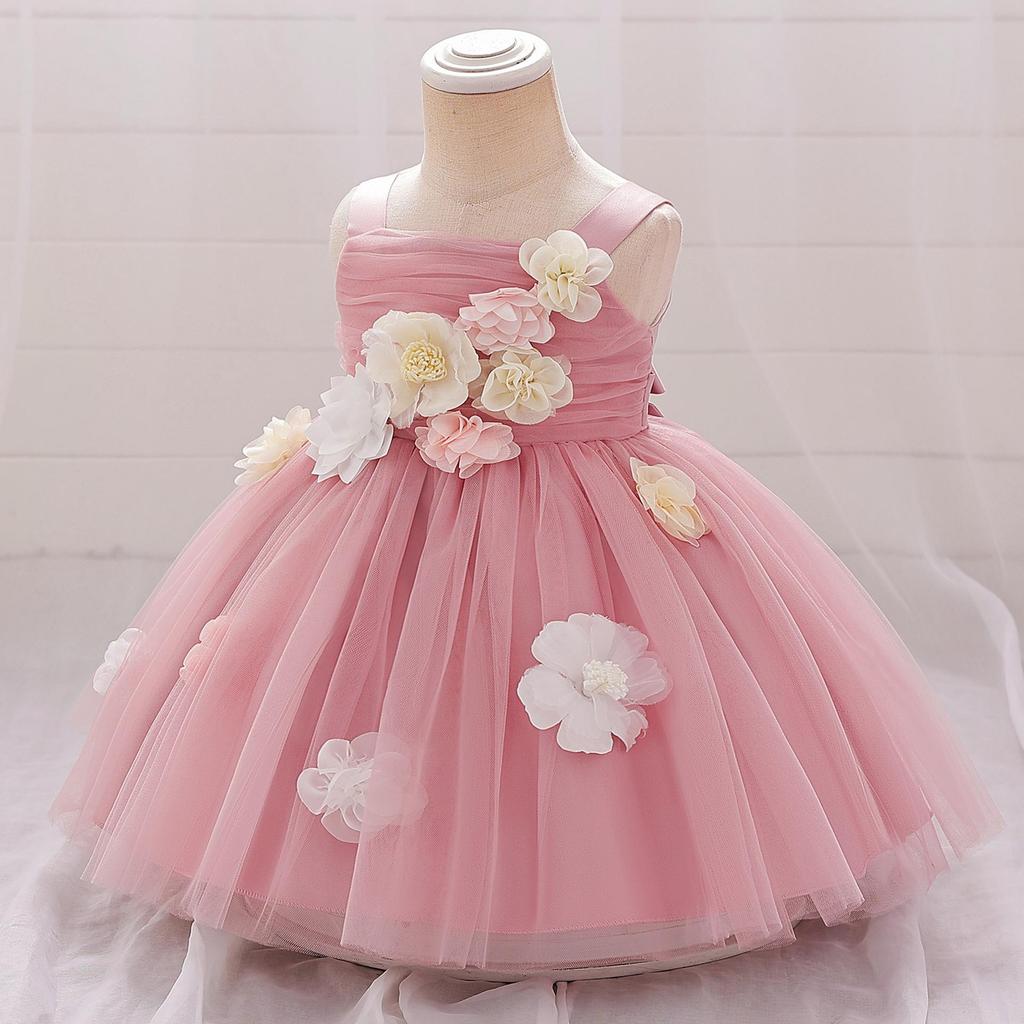 European & American Style One-Shoulder Baby Girl Wedding Dress with 3D Flowers, Ideal for First Birthday or Special Occasion Performance.