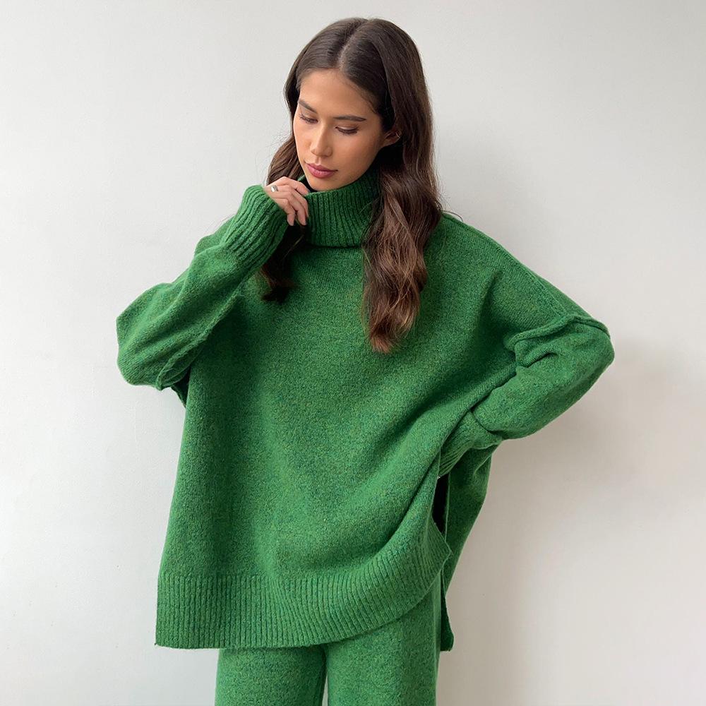 Women's Autumn/Winter High-Neck Sweater and Knit Pants Set - European/American Style, Loose Fit, Thick, Casual