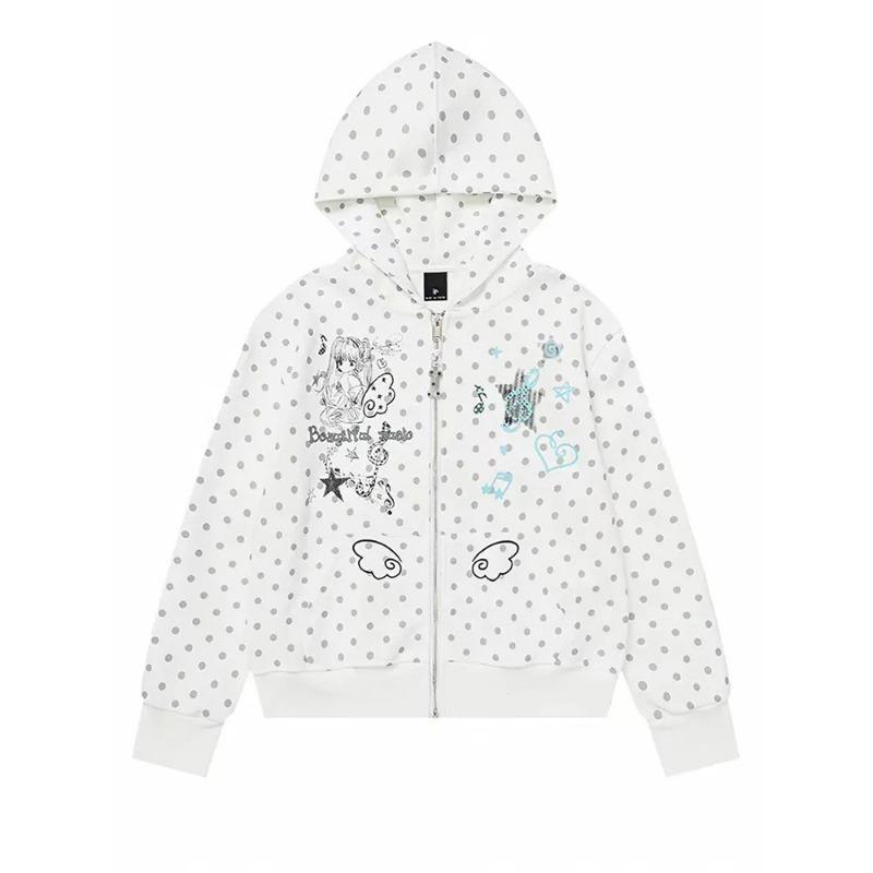 Cute Cartoon Dot Hoodies Women Loose Long Sleeve Sweet Preppy Style Sweatshirt Fall Fashion Kawaii Female Lazy Wind Zipper Tops