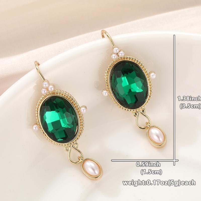 Vintage Round Synthetic Dark Green Crystal Pearl Golden Color Earrings Women's  Creative Holiday Party Gift Pendant