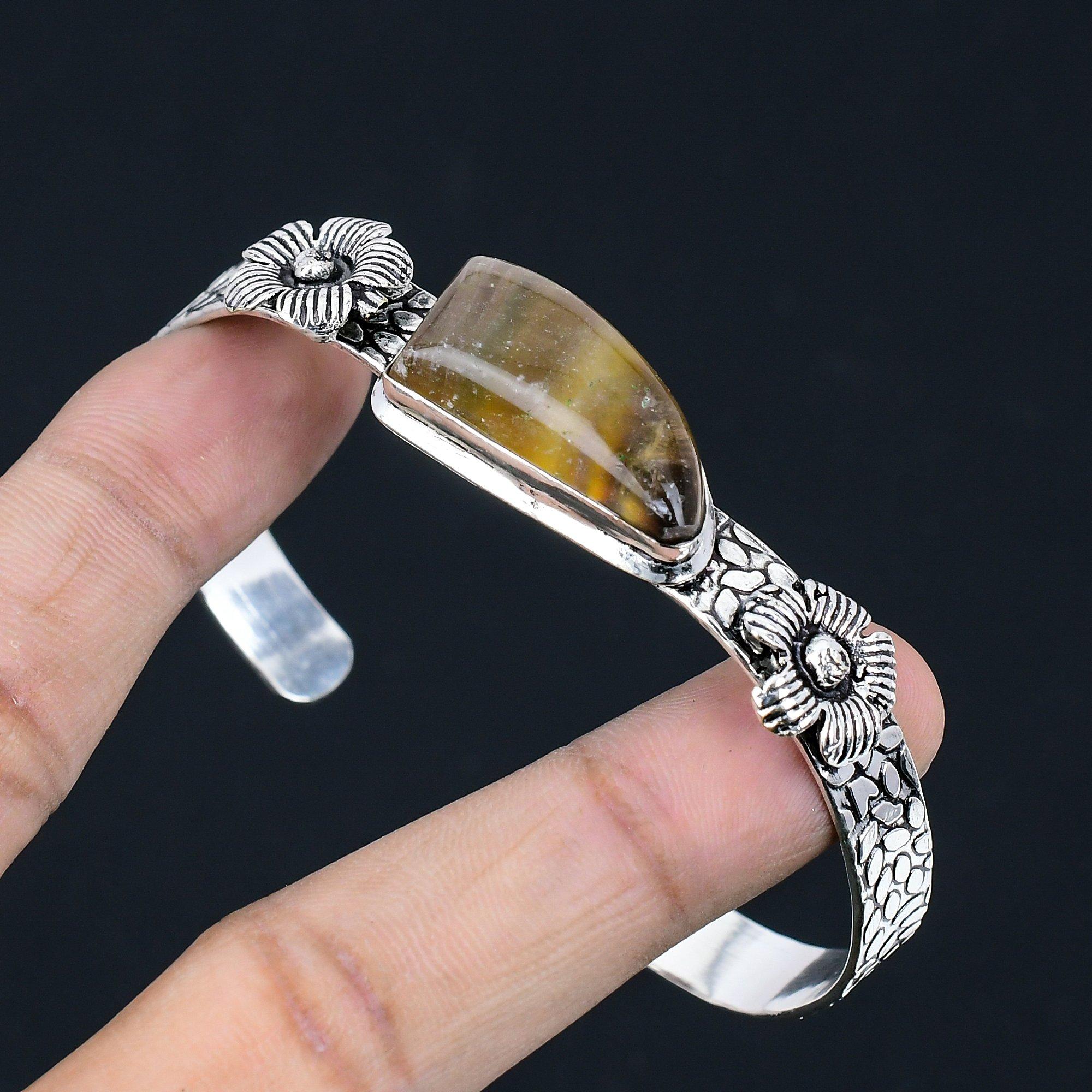 

Womens day Deal Multi Fluorite Stone Boho Flower Bangle Bracelet Sterling Silver Adjustable