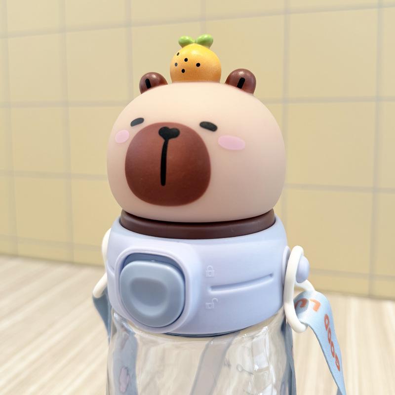 Cartoon Bear Straw Cup: Portable Flip-top Water Bottle with Lanyard