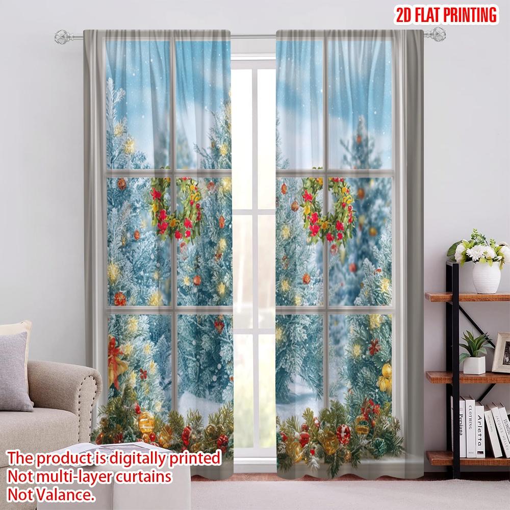 

2pcs,2D plane printing Curtain Fabric Christmas Tree Xmas New Year Versatile 100% Polyester (without rod) Holiday Use for 52.50 × 116.00 cm 2 pcs