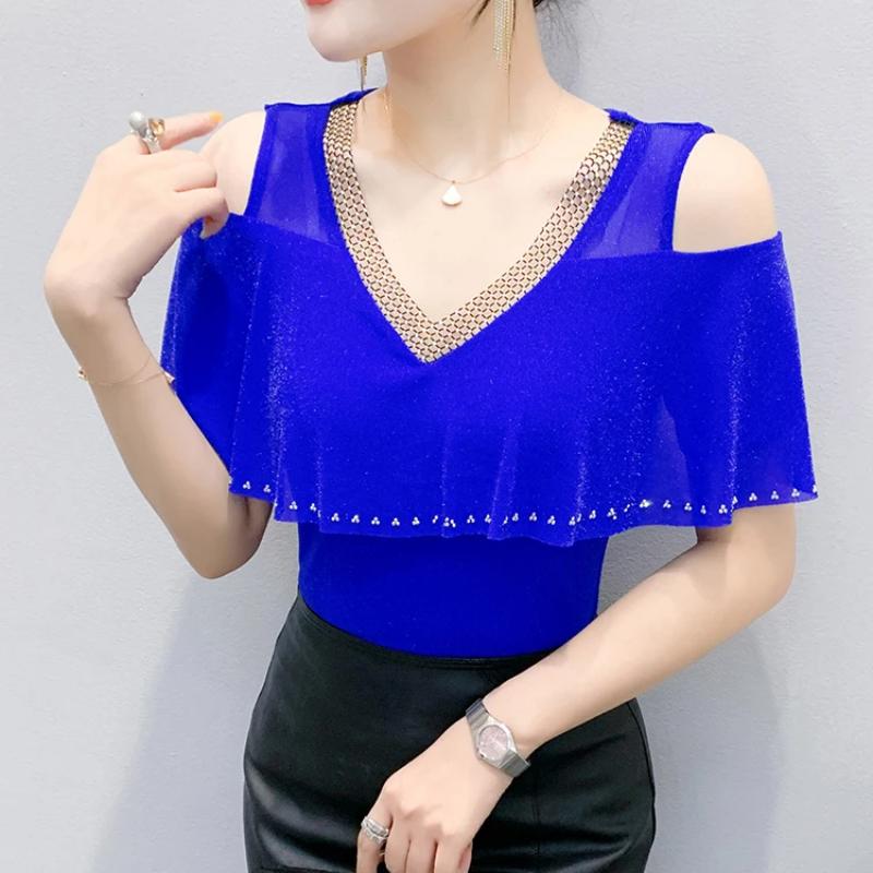 New Korean Summer Women's T-Shirt Hot Diamonds V-Neck Bling Tees Fashion Short-Sleeve Sexy Off The Shoulder Tops