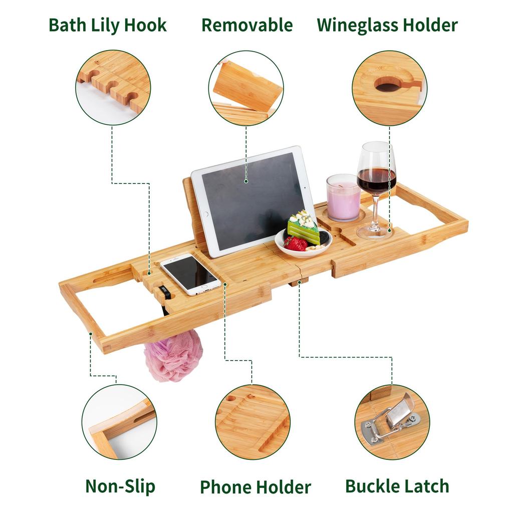 Utoplike Bamboo Bath Tray, Adjustable Bath Tray, Expandable Bath Rack, Portable Wine Holder