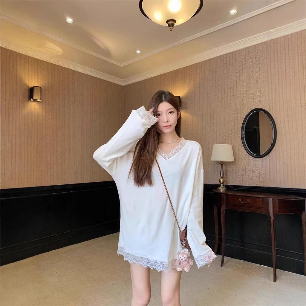 Pulover coreean larg cu gât în V, cu patchwork din dantelă pentru toamnă/iarnă