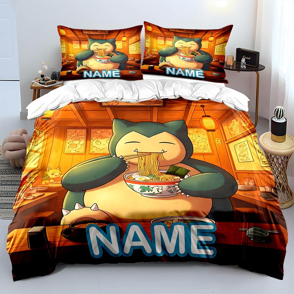 Custom Name Cute Pokemon Snorlax Printed Bedding Set Exquisite Bedding For Double And Single Beds Kids Bedroom 3-Piece Set Gift