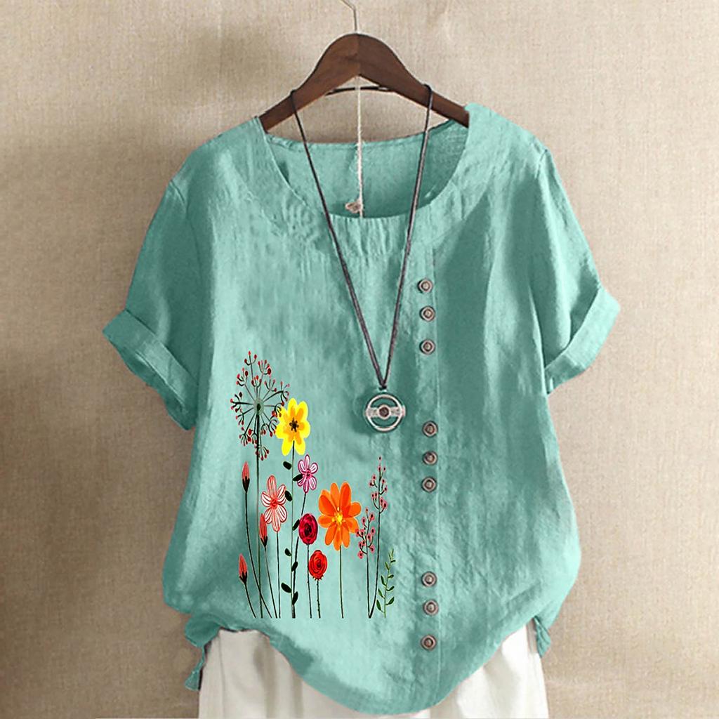 Women's Fashion Loose Cotton And Linen Short Sleeve Printed Temperament Crewneck Top